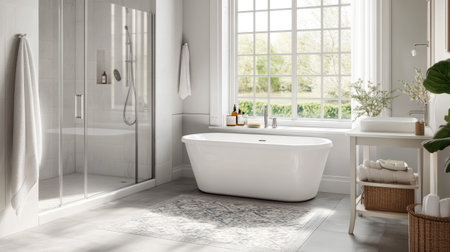 A bright, modern bathroom with a glass-enclosed shower, a freestanding bathtub near a large window, and sleek white finishes. Sunlight streams in, creating a serene vibeの素材