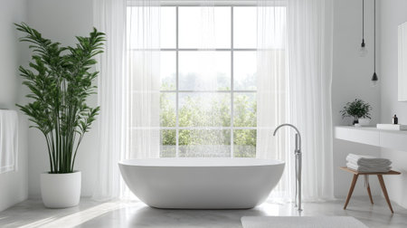 A bright and elegant bathroom with a rainfall shower, a sleek freestanding tub by a window, and minimalist white decor. Natural light highlights the designの素材