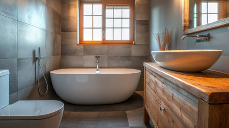 A chic bathroom featuring gray tiles, a wooden countertop vanity, a modern toilet, and a freestanding bathtub. Soft lighting adds warmth to the designの素材