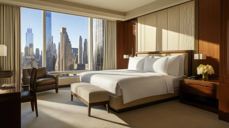 A bright, spacious hotel bedroom with a minimalist aesthetic, featuring a king-size bed, warm wood finishes, and a panoramic window viewの素材