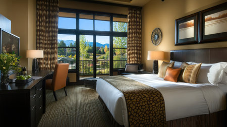 A contemporary hotel bedroom with a king-size bed, stylish furniture, and warm lighting. Large windows showcase a beautiful view of the surroundingsの素材