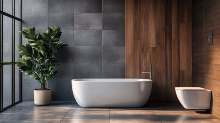 A chic bathroom interior with gray tiles, a wooden accent wall, a minimalist toilet, and a modern soaking tub. The warm tones add depth and comfortの素材
