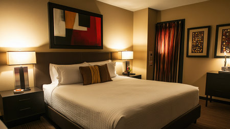 A chic hotel room featuring a queen-size bed, modern bedside lamps, and artistic wall decor. The neutral palette is complemented by warm lightingの素材