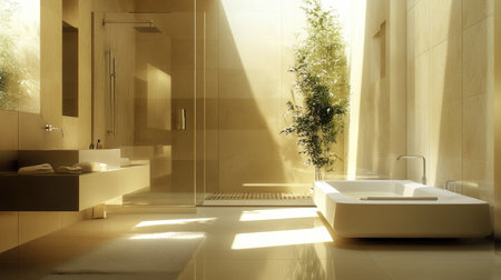 A contemporary bathroom with clean, light finishes, a sleek shower area, and a bathtub positioned near a tall, sunlit window. Natural tones add warmthの素材