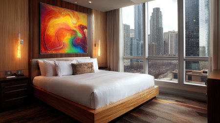 A contemporary bedroom in a luxury hotel featuring a platform bed, abstract wall art, and large windows overlooking the city skylineの素材