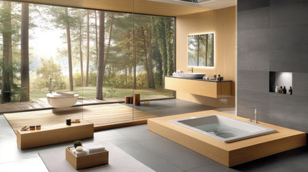 A contemporary bathroom with a gray and wood palette, a modern toilet, and a built-in bathtub. The clean lines and natural tones evoke tranquilityの素材