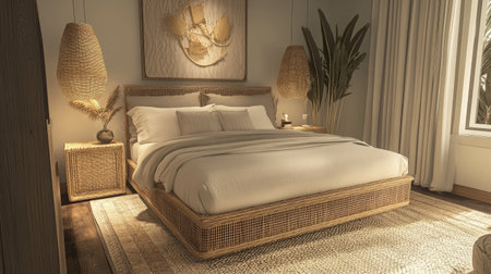 A chic bedroom with a modern rattan bed, neutral bedding, and a textured area rug. Wicker storage baskets add a functional, stylish touchの素材