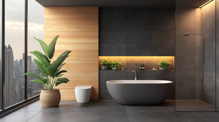 A chic bathroom interior with gray tiles, a wooden accent wall, a minimalist toilet, and a modern soaking tub. The warm tones add depth and comfortの素材