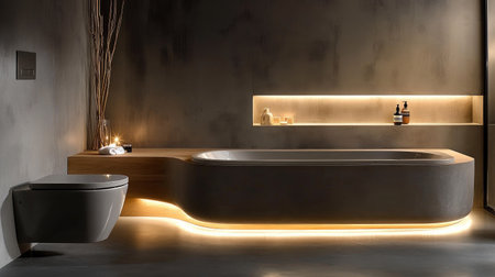 A contemporary gray bathroom with warm wooden elements, a minimalist toilet, and a sleek built-in bathtub. Subtle lighting creates a relaxing ambianceの素材