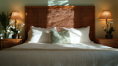 A cozy and elegant bedroom featuring a rattan headboard, matching bedside tables, and woven decor. Soft lighting enhances the tranquil atmosphereの素材