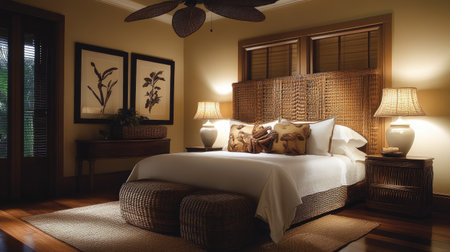 A cozy and elegant bedroom featuring a rattan headboard, matching bedside tables, and woven decor. Soft lighting enhances the tranquil atmosphereの素材