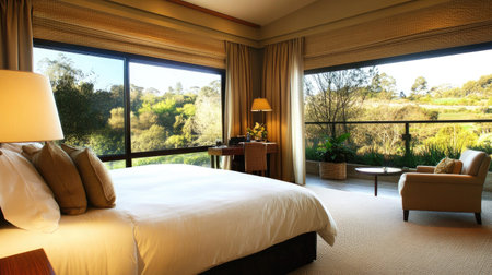 A contemporary hotel bedroom with a king-size bed, stylish furniture, and warm lighting. Large windows showcase a beautiful view of the surroundingsの素材