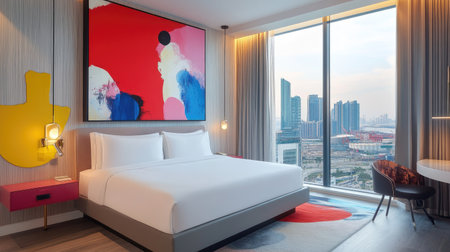 A contemporary bedroom in a luxury hotel featuring a platform bed, abstract wall art, and large windows overlooking the city skylineの素材