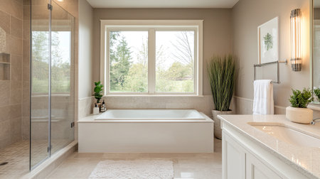 A contemporary bathroom with a walk-in shower, a white bathtub near a wide window, and light-toned decor. Minimalist details enhance the relaxing spaceの素材