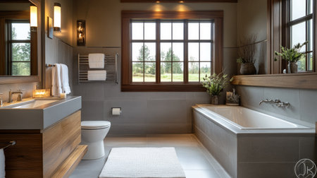 A contemporary gray bathroom with wood elements, a wall-mounted toilet, and a freestanding tub. The neutral tones create a calm, elegant environmentの素材