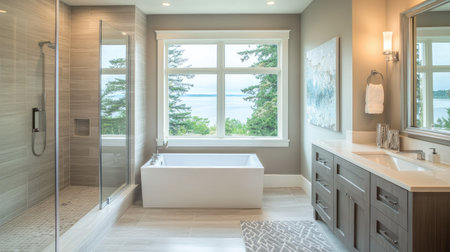 A contemporary bathroom with a walk-in shower, a white bathtub near a wide window, and light-toned decor. Minimalist details enhance the relaxing spaceの素材