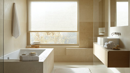A contemporary bathroom with a walk-in shower, a white bathtub near a wide window, and light-toned decor. Minimalist details enhance the relaxing spaceの素材