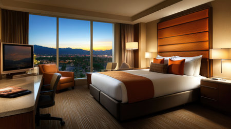 A contemporary hotel bedroom with a king-size bed, stylish furniture, and warm lighting. Large windows showcase a beautiful view of the surroundingsの素材