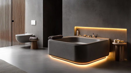 A contemporary gray bathroom with warm wooden elements, a minimalist toilet, and a sleek built-in bathtub. Subtle lighting creates a relaxing ambianceの素材