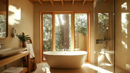 A contemporary bathroom with clean, light finishes, a sleek shower area, and a bathtub positioned near a tall, sunlit window. Natural tones add warmthの素材