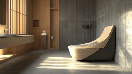 A contemporary bathroom with a gray and wood palette, a modern toilet, and a built-in bathtub. The clean lines and natural tones evoke tranquilityの素材