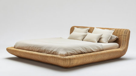 A contemporary bedroom with a minimalist rattan bed, light bedding, and natural textures. Neutral tones and clean lines create a serene feelの素材