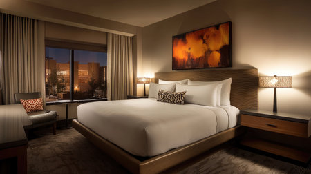 A chic hotel room featuring a queen-size bed, modern bedside lamps, and artistic wall decor. The neutral palette is complemented by warm lightingの素材