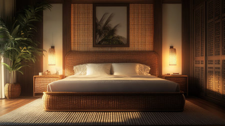 A cozy and elegant bedroom featuring a rattan headboard, matching bedside tables, and woven decor. Soft lighting enhances the tranquil atmosphereの素材