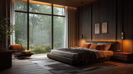 A contemporary hotel bedroom with a king-size bed, stylish furniture, and warm lighting. Large windows showcase a beautiful view of the surroundingsの素材