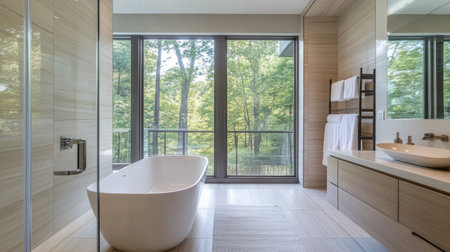 A contemporary bathroom with clean, light finishes, a sleek shower area, and a bathtub positioned near a tall, sunlit window. Natural tones add warmthの素材