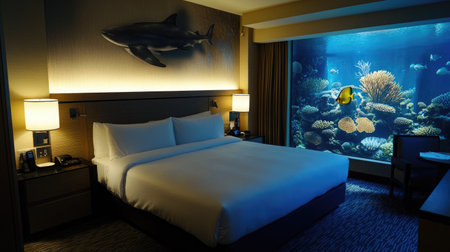 A chic hotel room featuring a queen-size bed, modern bedside lamps, and artistic wall decor. The neutral palette is complemented by warm lightingの素材