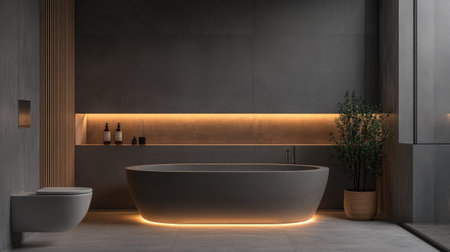 A contemporary gray bathroom with warm wooden elements, a minimalist toilet, and a sleek built-in bathtub. Subtle lighting creates a relaxing ambianceの素材