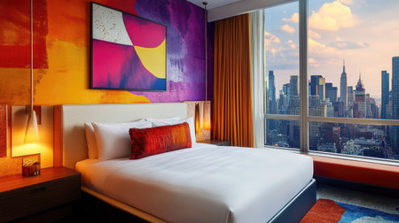 A contemporary bedroom in a luxury hotel featuring a platform bed, abstract wall art, and large windows overlooking the city skylineの素材