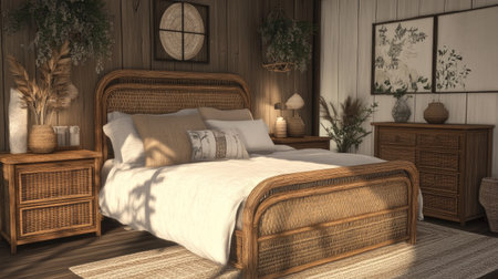 A cozy bedroom featuring rattan furniture, including a bed frame and matching nightstands. Neutral tones and soft textiles create a calming atmosphereの素材