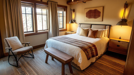 A cozy boutique hotel room with a double bed, layered textiles, and modern lighting. Neutral tones create a calming and inviting atmosphereの素材