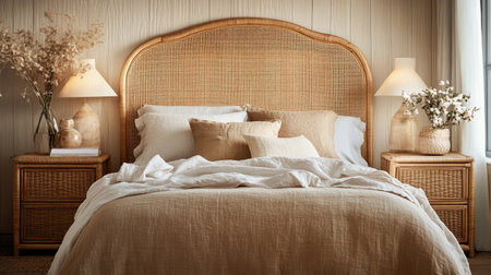 A cozy bedroom with a rattan headboard, matching nightstands, and layered bedding. Soft lighting and natural tones enhance the relaxing ambianceの素材