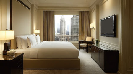 A hotel room with a serene ambiance, featuring a king bed, neutral tones, and soft textures. A wall-mounted TV and cozy lighting complete the spaceの素材