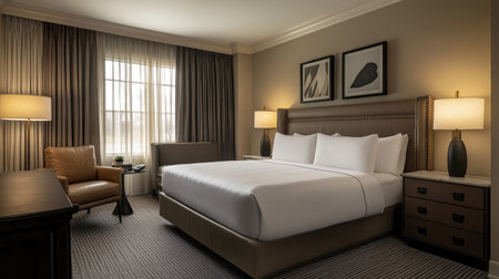 A cozy bedroom in a boutique hotel featuring neutral tones, soft lighting, and modern furniture. Stylish accents add a touch of sophisticationの素材