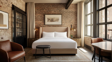 A cozy bedroom in a boutique hotel featuring neutral tones, soft lighting, and modern furniture. Stylish accents add a touch of sophisticationの素材