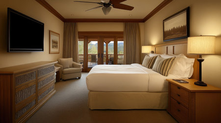 A hotel room with a serene ambiance, featuring a king bed, neutral tones, and soft textures. A wall-mounted TV and cozy lighting complete the spaceの素材