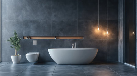 A luxurious bathroom interior with gray stone tiles, wood accents, a wall-mounted toilet, and a stylish bathtub. Modern lighting elevates the aestheticの素材
