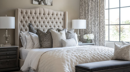 A luxurious bedroom in a five-star hotel with a tufted headboard, layered bedding, and elegant decor. A seating area adds functionality and styleの素材