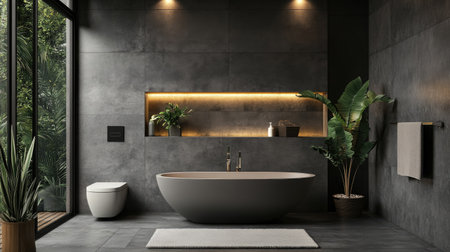 A luxurious bathroom interior with gray stone tiles, wood accents, a wall-mounted toilet, and a stylish bathtub. Modern lighting elevates the aestheticの素材