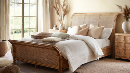 A cozy bedroom featuring rattan furniture, including a bed frame and matching nightstands. Neutral tones and soft textiles create a calming atmosphereの素材