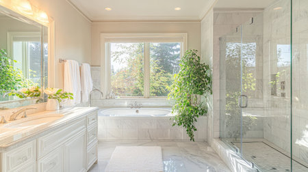 A luxurious bathroom with white marble walls, a glass shower, and a bathtub near a bright window. Greenery and soft lighting enhance the elegant designの素材