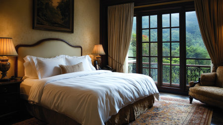 A luxurious hotel room with a king-size bed, crisp white linens, and elegant decor. A large window offers a scenic view, creating a peaceful retreatの素材