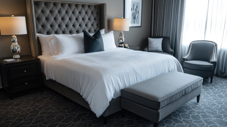 A luxurious bedroom in a five-star hotel with a tufted headboard, layered bedding, and elegant decor. A seating area adds functionality and styleの素材
