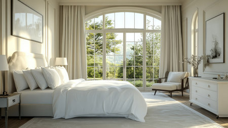 A luxurious hotel room with a king-size bed, crisp white linens, and elegant decor. A large window offers a scenic view, creating a peaceful retreatの素材
