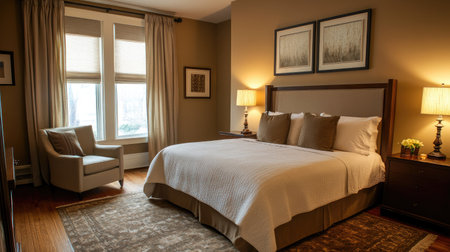 A cozy bedroom in a boutique hotel featuring neutral tones, soft lighting, and modern furniture. Stylish accents add a touch of sophisticationの素材