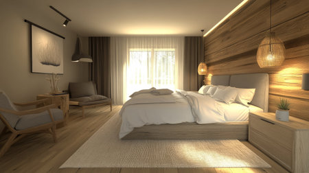 A cozy bedroom in a boutique hotel featuring neutral tones, soft lighting, and modern furniture. Stylish accents add a touch of sophisticationの素材